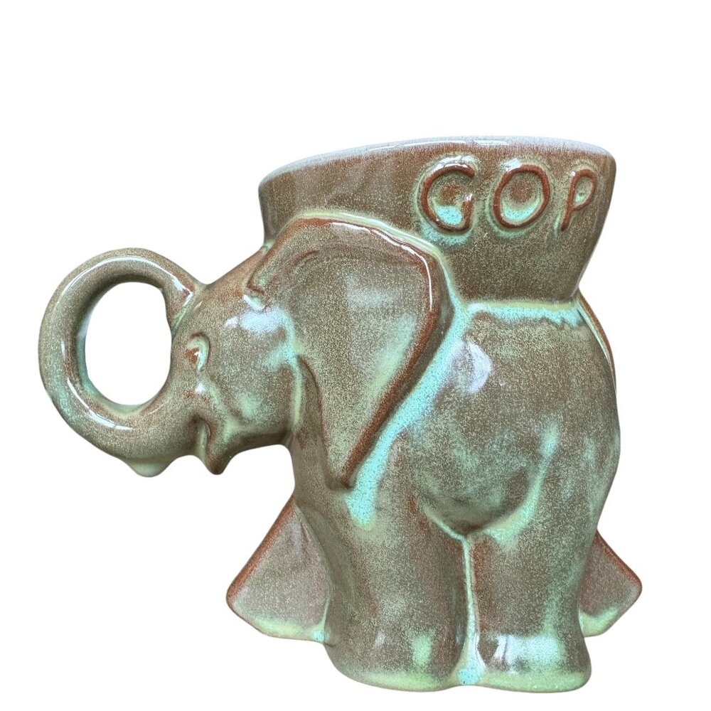 Vtg Frankoma Pottery Mug Elephant Republican Political GOP 1972 Prairie Green